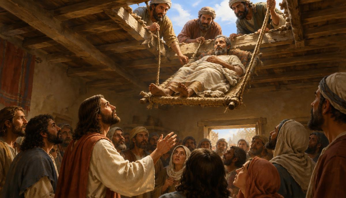 Amigos descem um paralítico pelo telhado até Jesus, em uma casa cheia em Cafarnaum