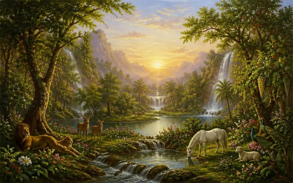 Jardim do Éden na Bíblia — Jardim / região em Localização simbólica, junto aos rios da Mesopotâmia Vista de Jardim do Éden, jardim / região bíblico em Localização simbólica, junto aos rios da Mesopotâmia