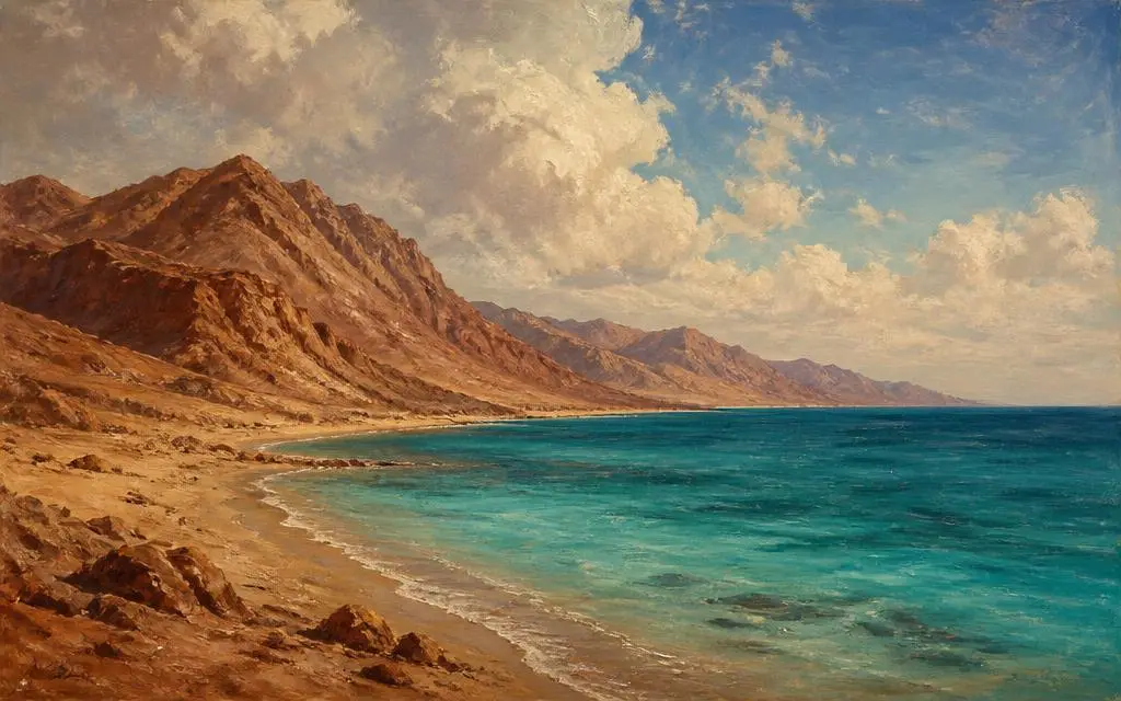 Mar Vermelho na Bíblia — Mar em Golfo de Suez / mar de Juncos, entre Egito e península do Sinai Vista de Mar Vermelho, mar bíblico em Golfo de Suez / mar de Juncos, entre Egito e península do Sinai
