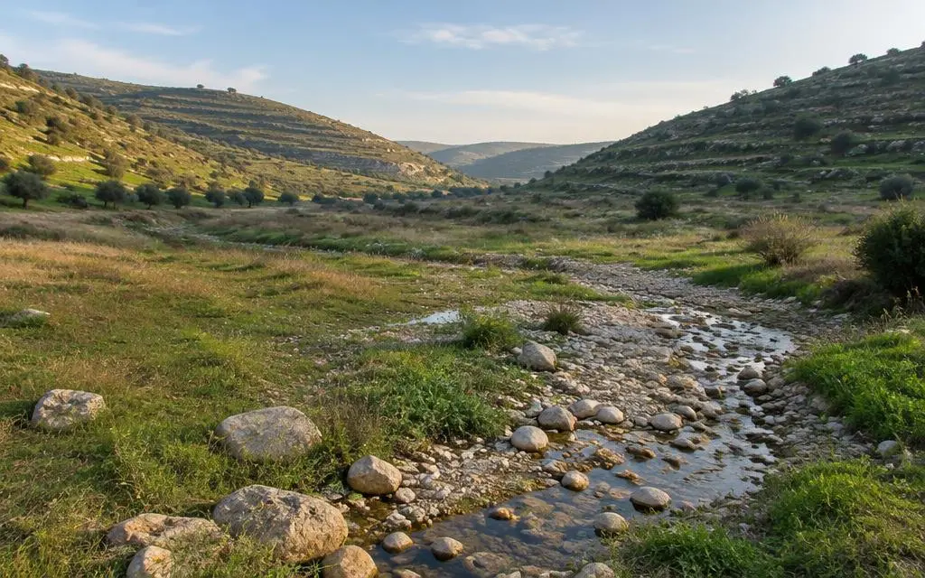 Vista de Vale de Elá, vale bíblico em Perto de Socó, Israel central