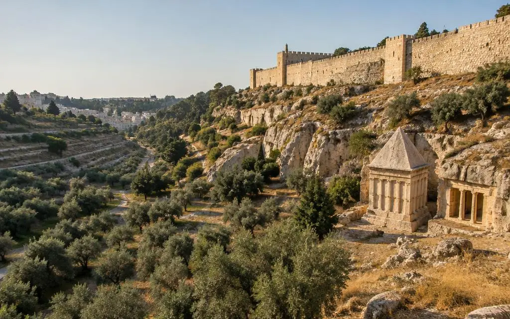 Vista de Vale de Hinom (Geena), vale bíblico em Sul de Jerusalém