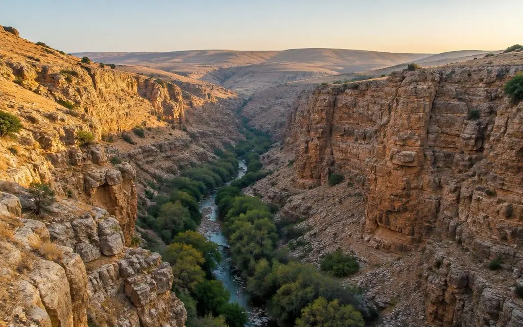Vista de Vale de Jaboque, vale bíblico em Jordânia — vale do Wadi Zerqa (Nahr ez-Zarqa), entre Amã e o rio Jordão